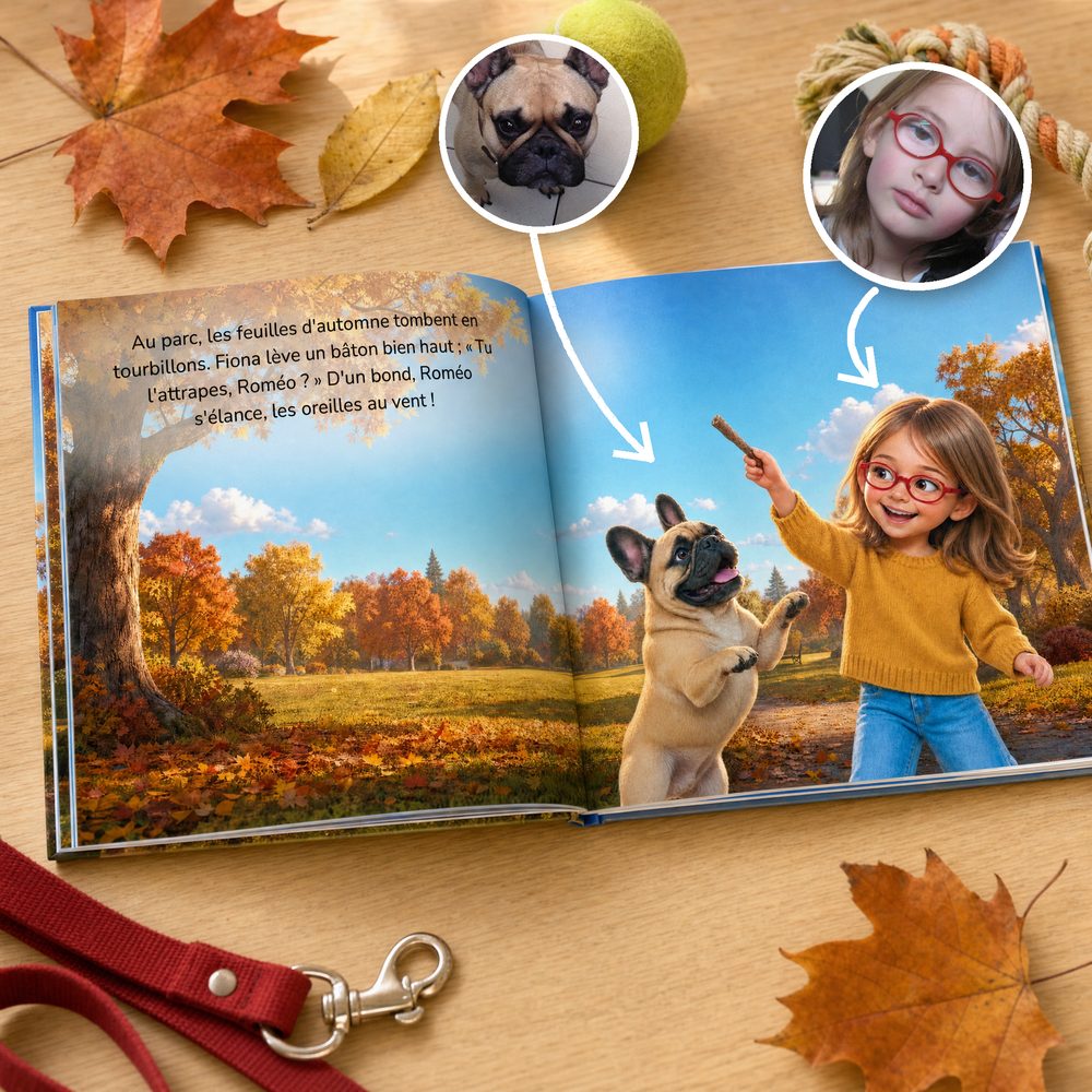 Livre ouvert : Fiona et son chien au parc, avec leurs vraies photos