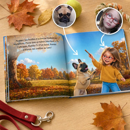 Livre ouvert : Fiona et son chien au parc, avec leurs vraies photos
