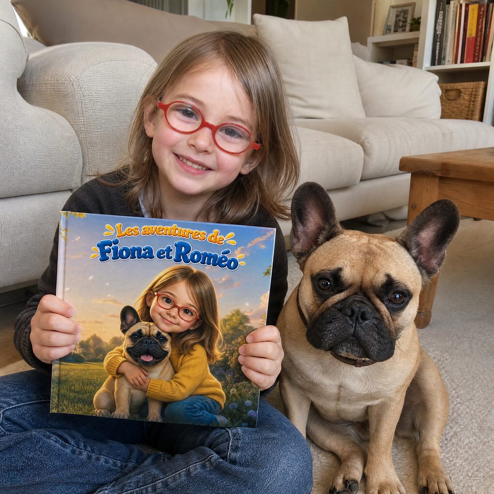 Une petite fille et son bouledogue français montrent leur livre personnalisé