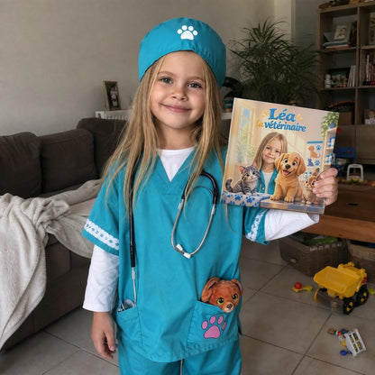 Une petite fille déguisée en vétérinaire montre son livre personnalisé