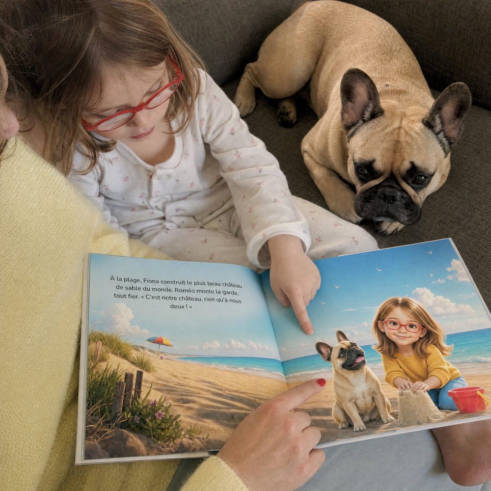 Une maman et sa fille lisent le livre avec leur chien sur le canapé