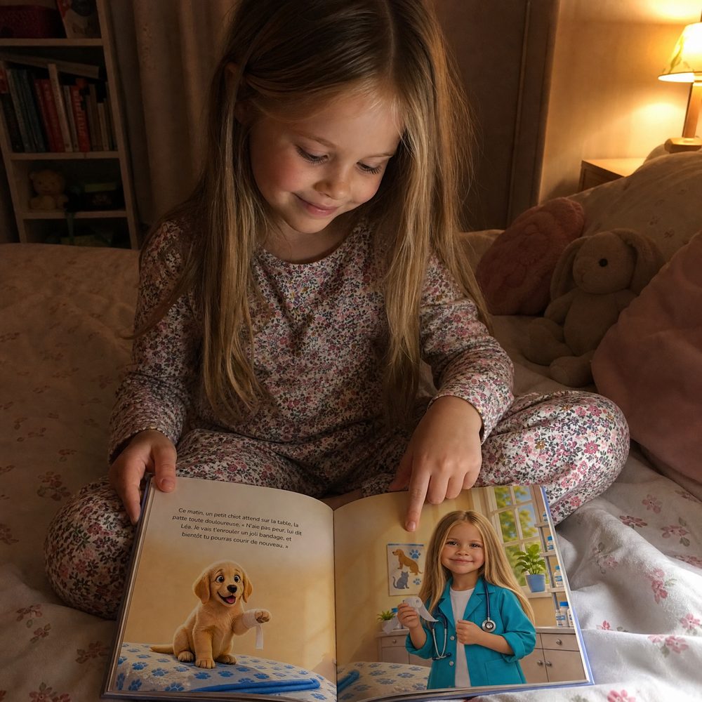 Une petite fille en pyjama lit son livre personnalisé le soir