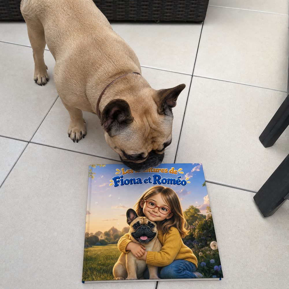 Un bouledogue français renifle le livre personnalisé