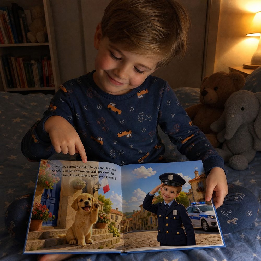 Un petit garçon en pyjama lit son livre personnalisé le soir